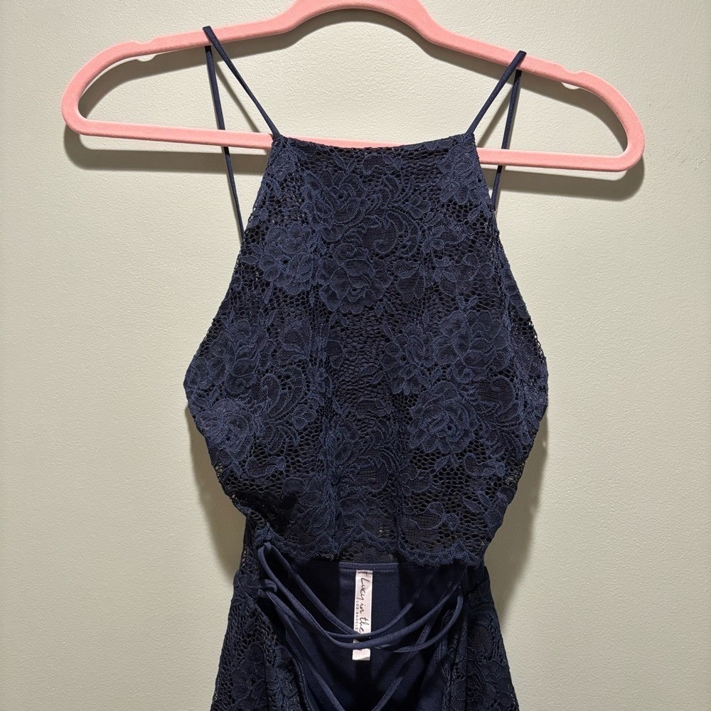 Lucy in the Sky Navy Blue Lace Cutout Mini Dress Strappy Bodycon USA Sz Small - Picture 7 of 11